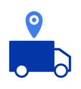 Truck icon with a location marker icon on top.