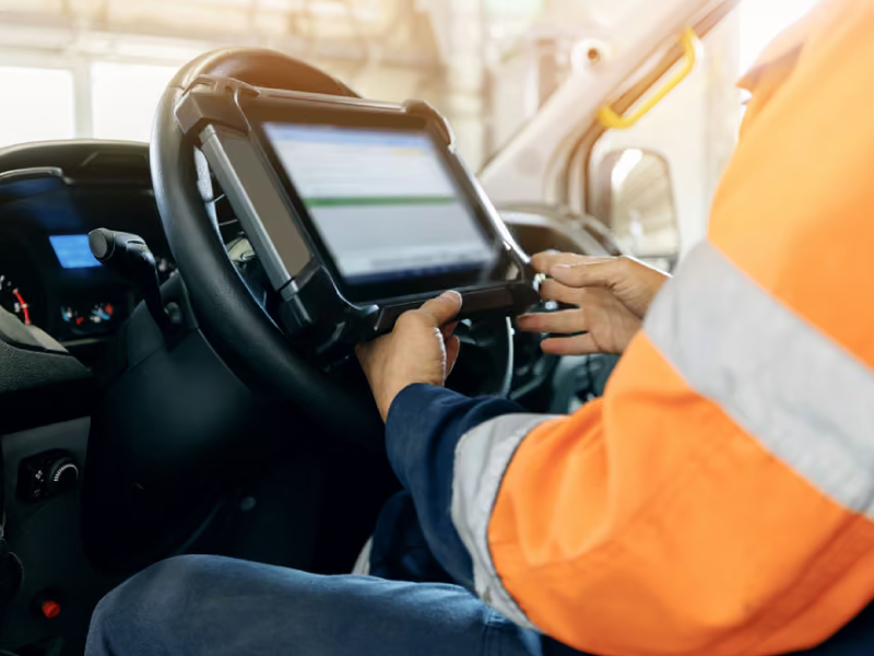A driver photographing paperwork from the cab