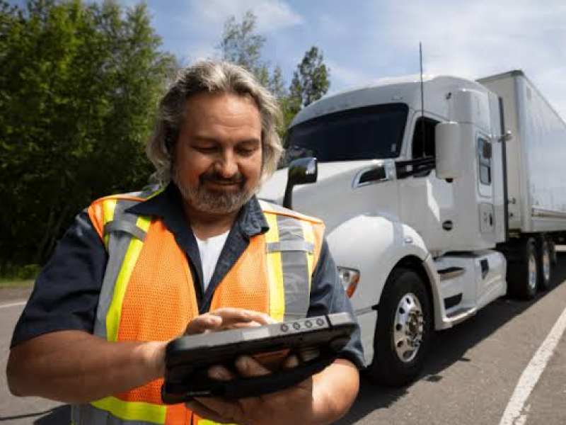 A driver photographing freight at the trailer
