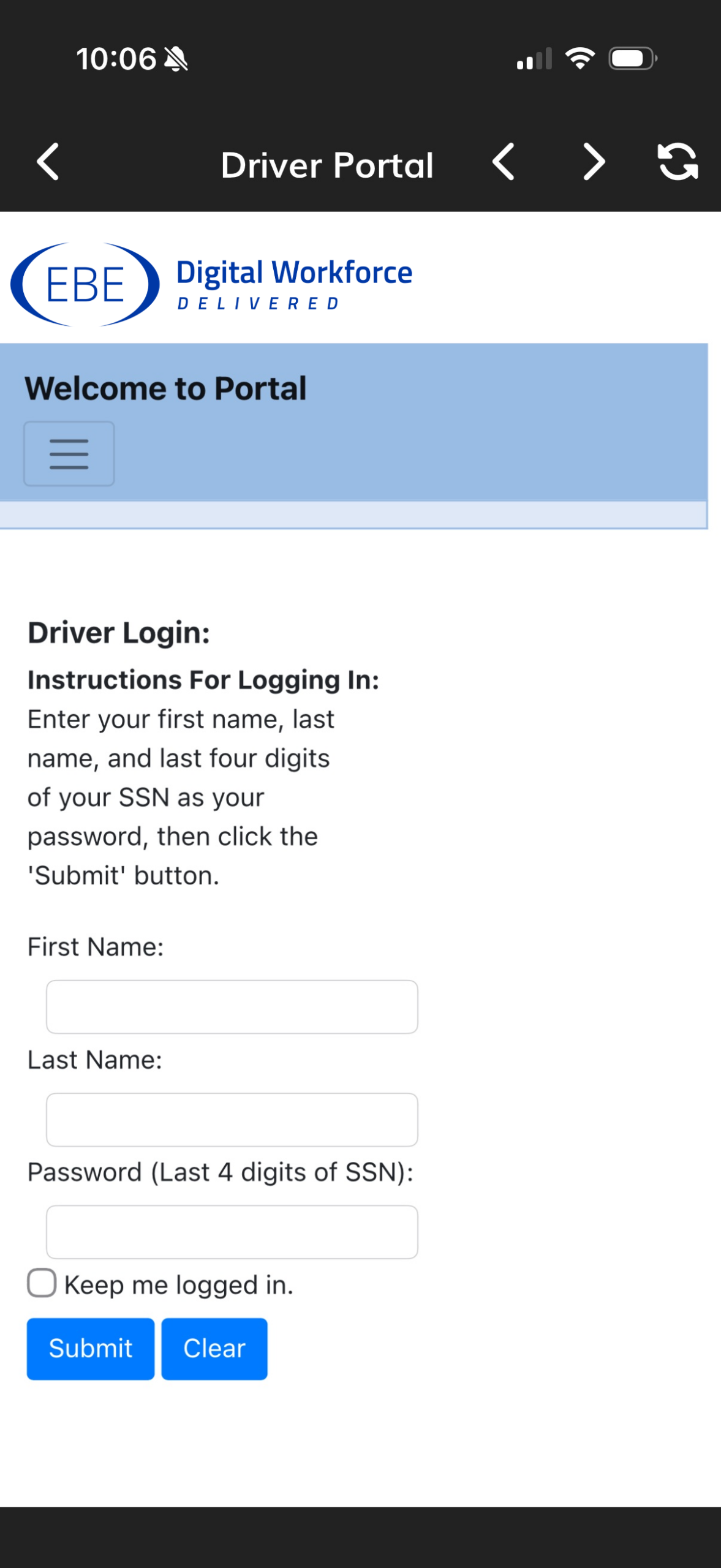 Driver Portal screen