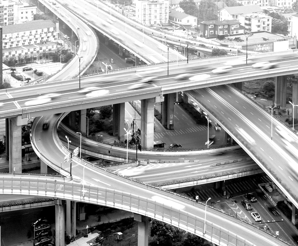 Aerial view of a stacked highway interchange