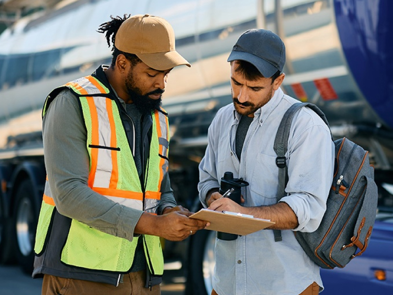 A driver and a safety manager talking at a terminal